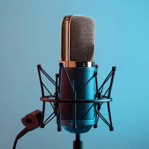 Photo of a microphone with blue background.